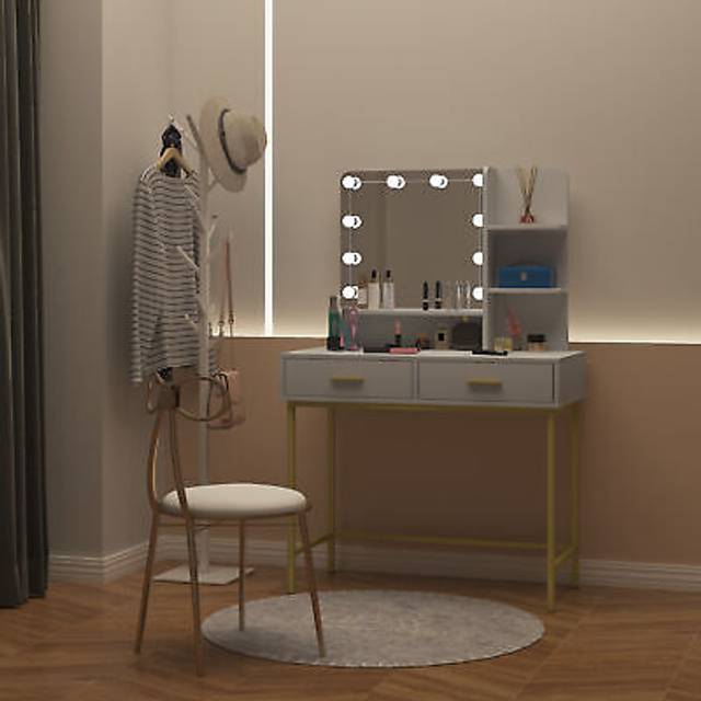 WOLTU Bedroom Dressing Table with Mirror and 10 LED Bulbs. White Makeup Table with 2 Drawers and Storage Shelves. Modern Vanity Table with Golden