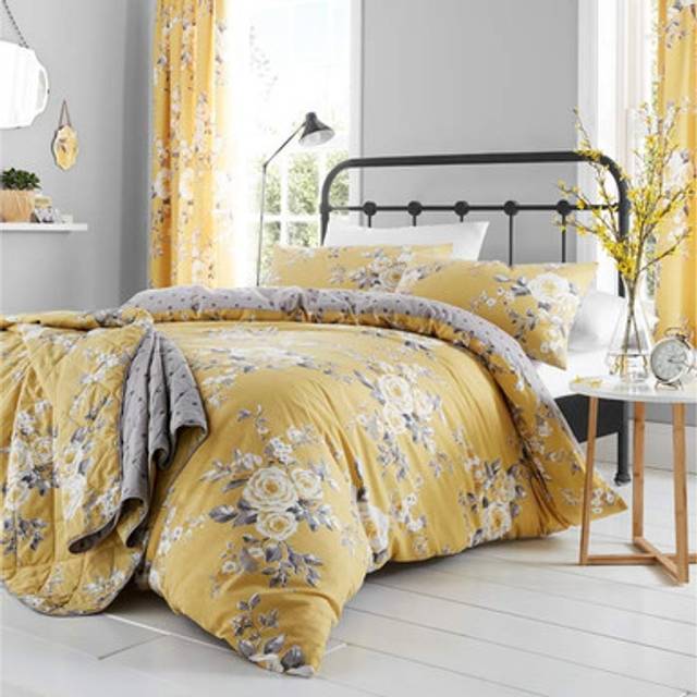 Canterbury Floral Reversible Double Duvet Cover Set with Pillowcases with Pillowcases - Ochre (Double Duvet Cover + 2 Standard Pillowcase)