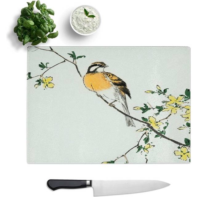 Glass Meadow Bunting Bird & Yellow Flowers by Numata Kashu Chopping Board (39 cm W x 28.5 cm L)