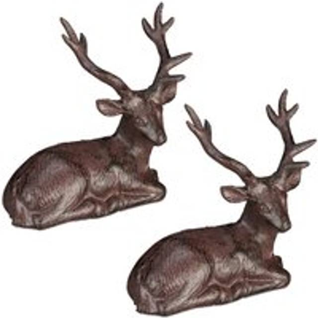 Relaxdays - Set of 2 Deer Ornaments, Rustic Decor Stag, Weatherproof, Garden, Balcony, Cast Iron, Statue, Brown