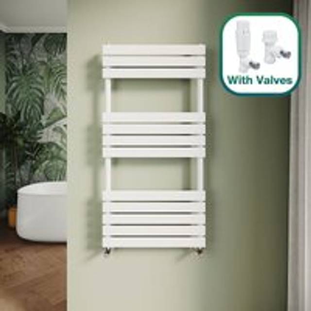 Elegant - Modern Central Heating Towel Radiator Bathroom Flat Panel Heated Towel Rail 1200x600mm White + White Thermostatic Radiator Valves