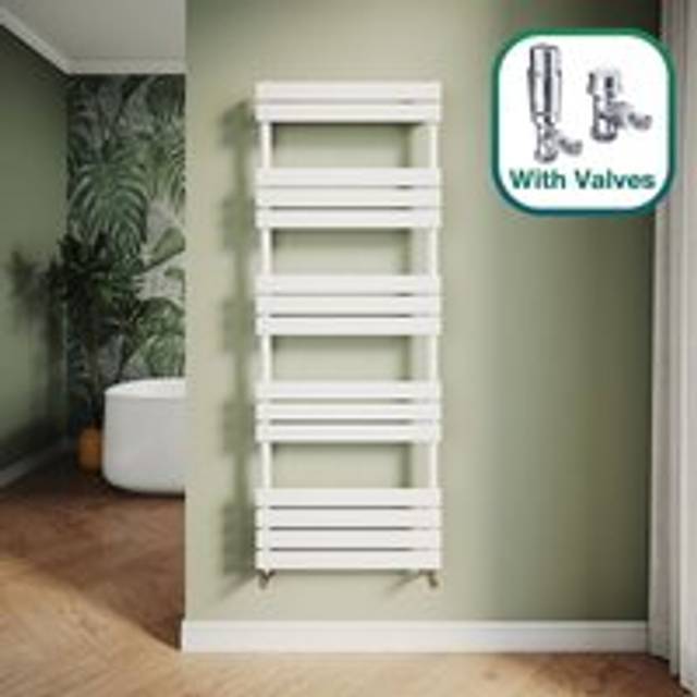 Elegant - Modern Central Heating Towel Radiator Bathroom Flat Panel Heated Towel Rail 1600x600mm White + Chrome Thermostatic Radiator Valves