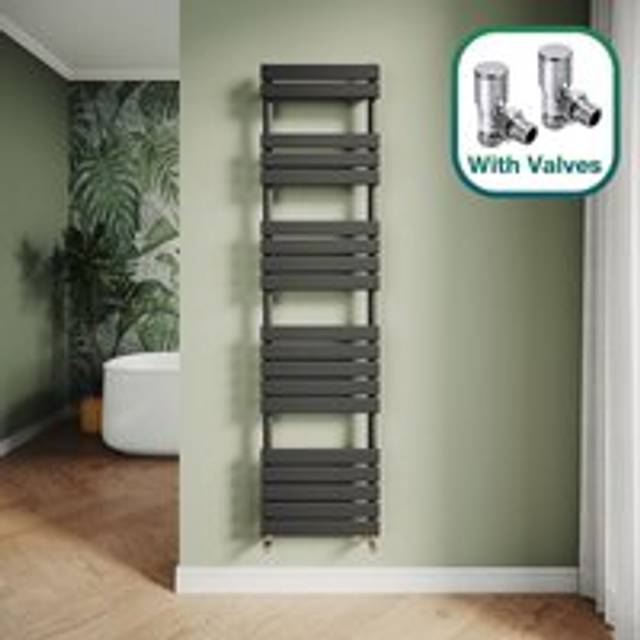 Elegant - Modern Central Heating Towel Radiator Bathroom Flat Panel Heated Towel Rail 1800x450mm Black + Angled Radiator Valves