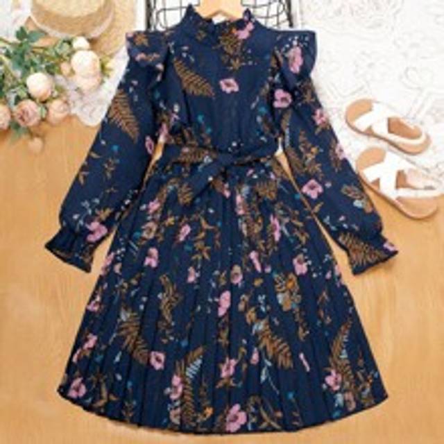 SHEIN Tween Girl Floral Print Ruffle Trim Flounce Sleeve Pleated Hem Belted Dress