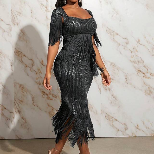 Slaydiva Elegant Party Tassel Trim Square Neck Midi Sequin Dress, Olive Green