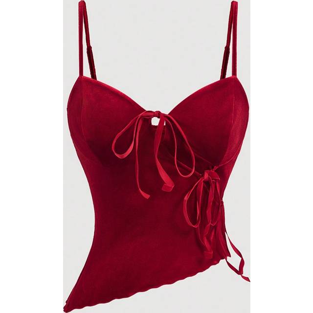 SHEIN Red Asymmetric Hemline Cropped Camisole, Women Side-Tie Velvet Tank Top, Camisole, Back To School Season Top, Vintage Sexy,Cute Tops