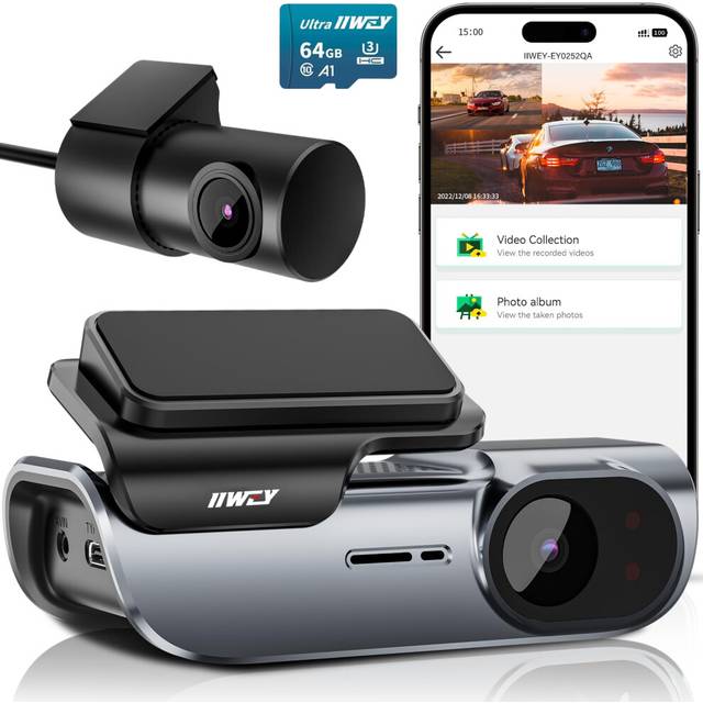 IIWEY EY02 4K Dash Cam Front and Rear Built-in 5GHz WiFi, Dual Dash Cam Front 4K Rear 1080P Car Camera, Free 64GB SD Card, Super Night Vision, App