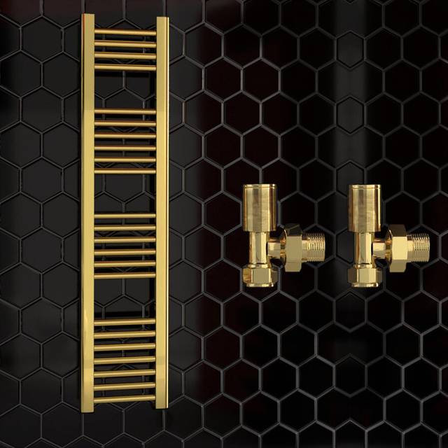 (400 x 1200 mm (h), With Angled  Valves) 400mm Wide Gold Heated Bathroom Towel Rail Radiator With Valves For Central Heating UK