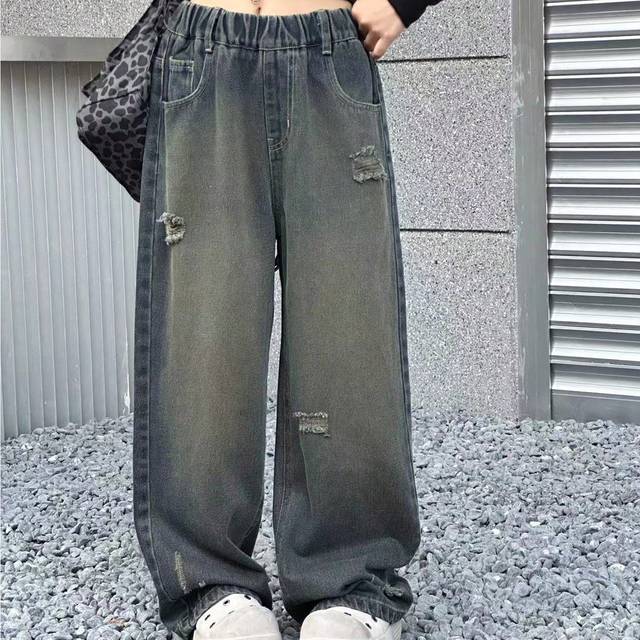 SHEIN Tween Girls Distressed Pocket Wide Leg Loose Fit Jeans Summer Holiday