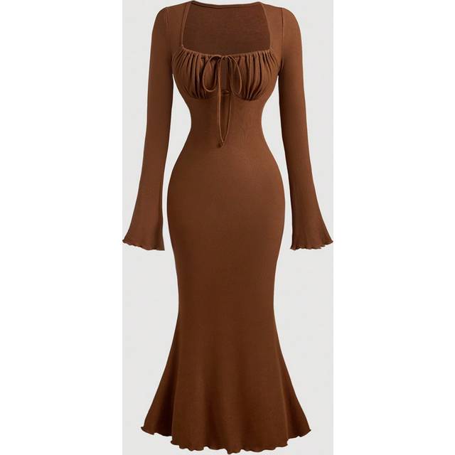 SHEIN Tie Front Bell Sleeve Long Slim Fit Fishtail Dress, French Style, Brown Fall Women&#39;s Clothing, Long Formal Wear, Fall Wedding Guest Dress Bride, Elega