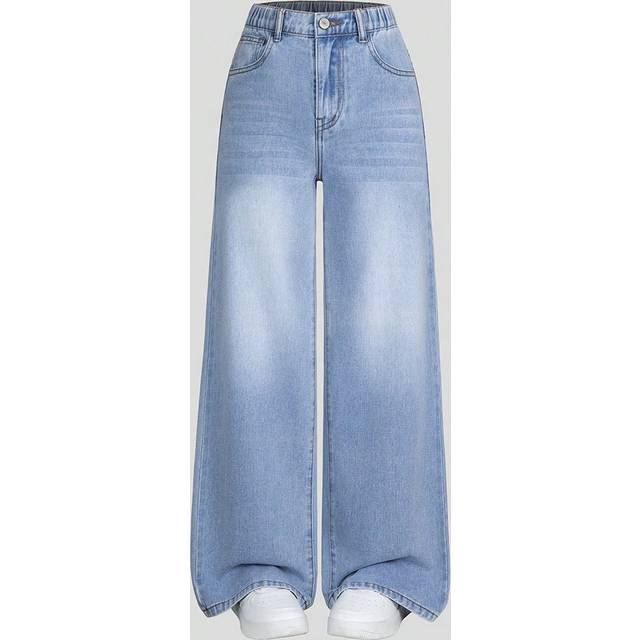 SHEIN Tween Girls Casual Fashion Distressed Washed Wide Leg Denim Jeans