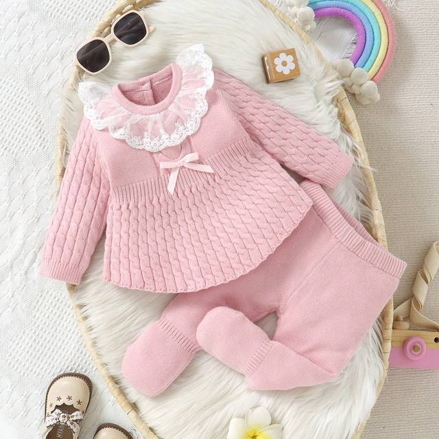Souflis 2pcs Baby Girls&#39;  Casual Cute Sweater Dress And Knit Leggings Set, Featuring Twisted Cord, Lace Trim, Bow Details, Soft Knit, Suitable For Daily, Outd