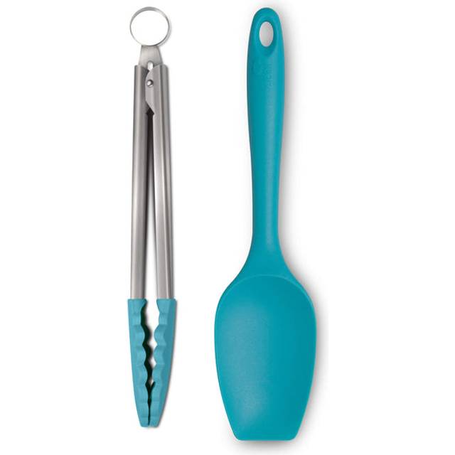 (Aqua) Zeal Silicone Kitchen Tongs & Spatula Spoon Utensil Set