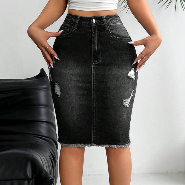 EMERY ROSE Denim Skirt With Ripped Distressed Hem And Pockets