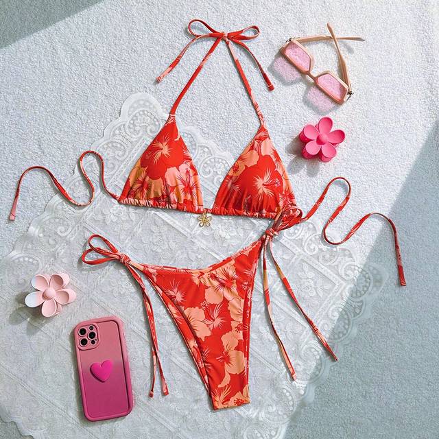 Swim Mod 2 Pieces Floral Print Halter Tie Sexy Bikini Swimwear Set For Women, Summer Beach