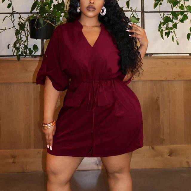Slaydiva Plus Size Party & Elegant Commute Solid Fitted V-Neck Drawstring Waist Women&#39;s Mini Dress, Summer
