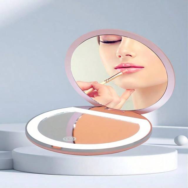 SHEIN High-Definition 2x Mirror Magnification Patch Mirror Three Level Dimming Portable Flip Cover Circular Folding LED Makeup Mirror With One Side Enlarged