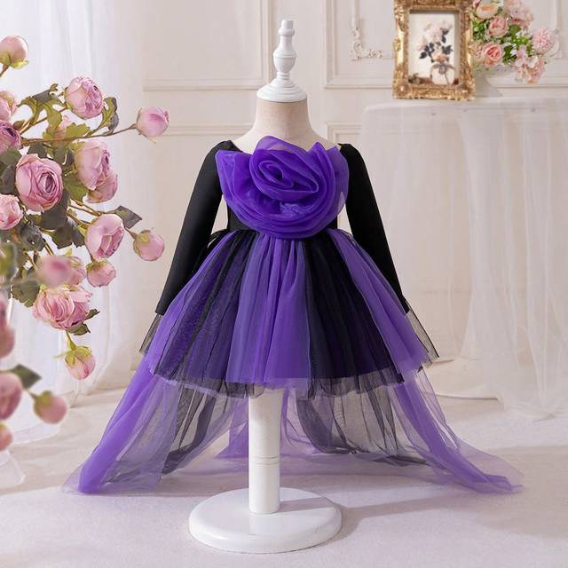 SHEIN Baby Girls Lovely 3D Floral Colorblock Mesh Long Sleeve Dress For Halloween