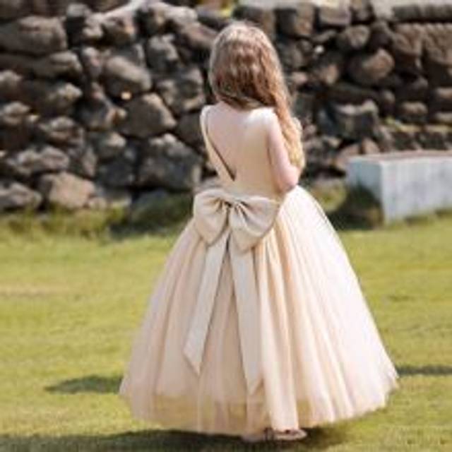 SHEIN Tween Girls&#39; Champagne Wedding Flower Girl Dress, Maxi Formal Dress With Big Bow