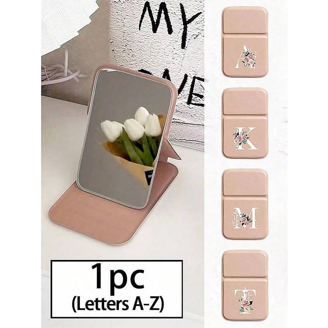 SHEIN 1pc Mini Flower White Letters Foldable Portable Makeup Mirror,Letters Of A-Z Makeup Mirror With Bracket, Travel Mirror, Beauty Products, Desktop Makeu