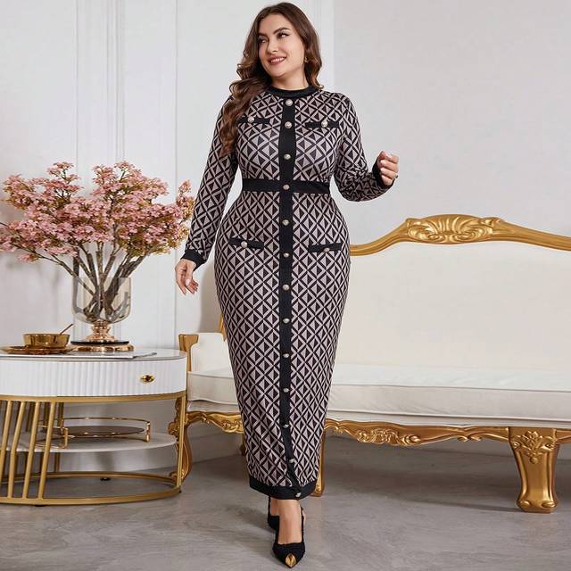 Modelyn Plus Size Women&#39;s French Style Geometric Print Long Sleeve Dress, Elegant Vintage Bodycon Dresses, For Evening Party/Wedding Guest/Anniversary/Daily W