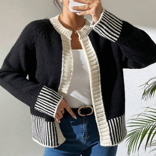 RosyDaze French Fashion Versatile Black And White Striped Knitted Cardigan