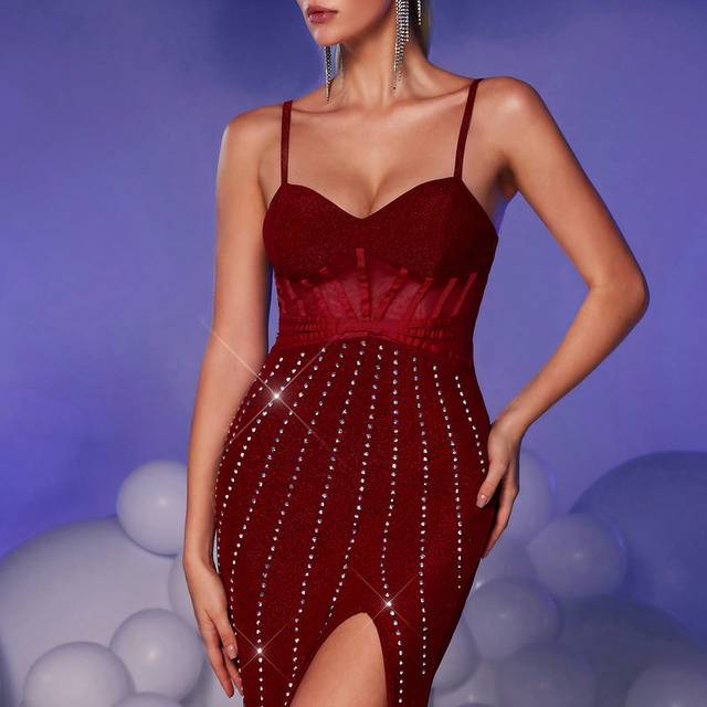 SHEIN Elegant Netted Sequin Decorated Front-Slit Mermaid Hem Formal Maxi Rhinestone Dress, Sexy High Split Fishtail Hem, For Cocktail Party And Gala, Evenin