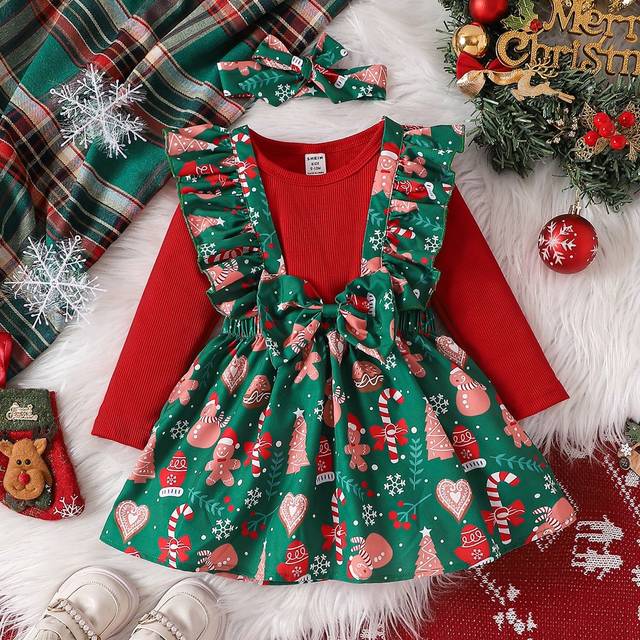 SHEIN Baby Girl Autumn/Christmas Red & Green Elegant Vintage Gingerbread Printed Long Sleeve Top With Detachable Ruffle Trim Skirt Outfit With Headband, For