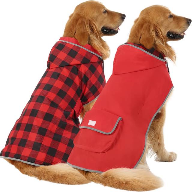HDE Reversible Dog Raincoat Hooded Slicker Poncho Rain Coat Jacket for Small Medium Large Dogs Buffalo Plaid Red - XXL