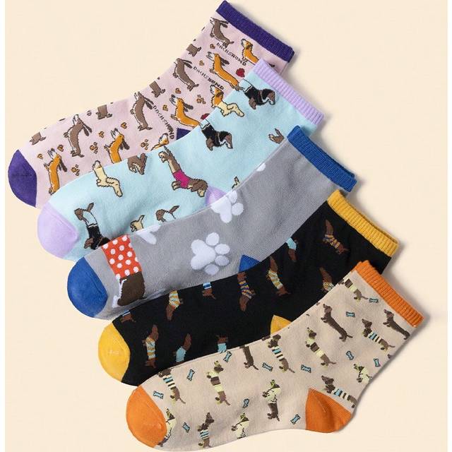 SHEIN 5pairs Women Cute Cartoon Dog Pattern Crew Socks, Corgi, Dachshund, Adorable Socks, Funny Socks, Ruffle Design Socks, Casual Socks, College Style, Hum