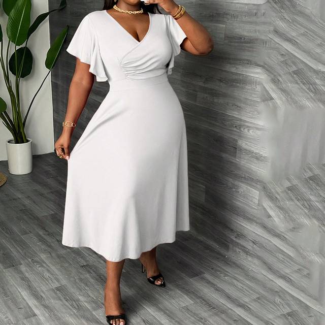 Slaydiva Plus Size Elegant Fit & Flare Midi Dress With Cross Collar, Ruched Details And Ruffle Sleeves, Suitable For Party, Evening And Daily Wear, Spring And