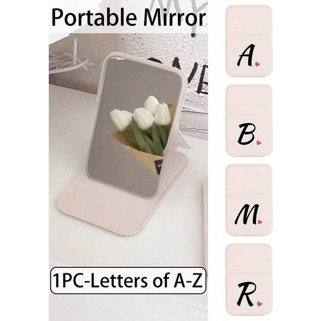 SHEIN 1pc Mini Pink Heart With Black Letters Foldable Portable Makeup Mirror,Letters Of A-Z Makeup Mirror With Bracket, Travel Mirror, Beauty Products, Desk