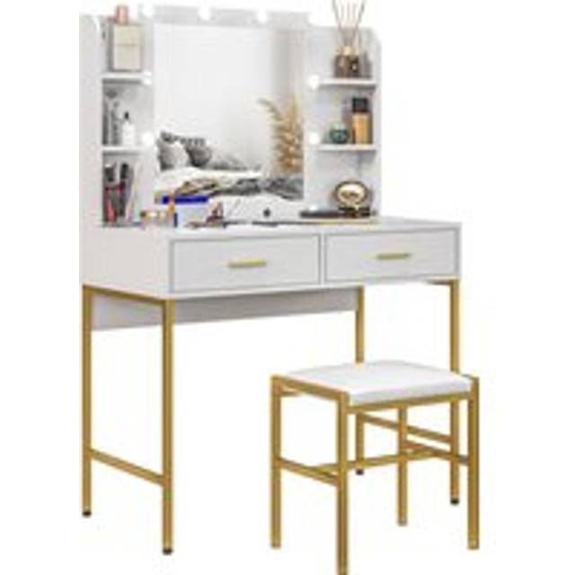 Homcom Dressing Table With Lighted Mirror, Cushioned Stool, Drawers, Shelves, Makeup Vanity Desk Set, Modern Dresser Vanity Table For Bedroom, White