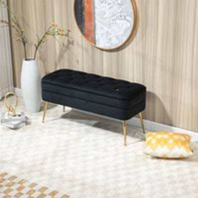 Storage Ottoman Bench, Velvet Upholstered Storage Bench, Footrest Sofa with Metal Legs, Suitable for Bedroom, Living Room, Black