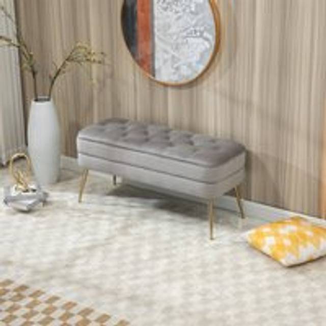 Storage Ottoman Bench, Velvet Upholstered Storage Bench, Footrest Sofa with Metal Legs, Suitable for Bedroom, Living Room, Grey