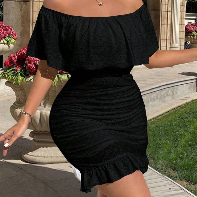 Celure Plus Size Women Summer Solid Color Ruffle Off Shoulder Ruffles Bodycon Dress