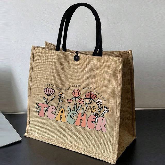 SHEIN Letter Fun Pattern Printed Large Capacity Tote Shopping Bag, Simple Linen Tote Bag, Reusable Grocery Shopping Bag, Holiday Gift Bag, Women&#39;s Canvas To