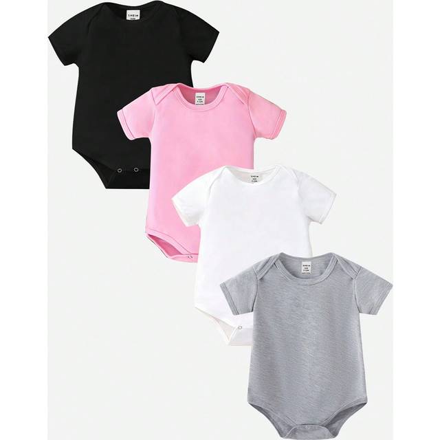 SHEIN Baby Girl Simple Solid Color Graphic-Free Romper Bodysuit, Short Sleeve