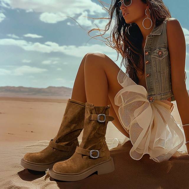 SHEIN Women&#39;s Thick Sole Mid-Calf Boots, Genuine Leather Buckle Strap Retro Brown Boots, Western Boots, Motorcycle Ankle Boots, Suitable For Daily Commute,