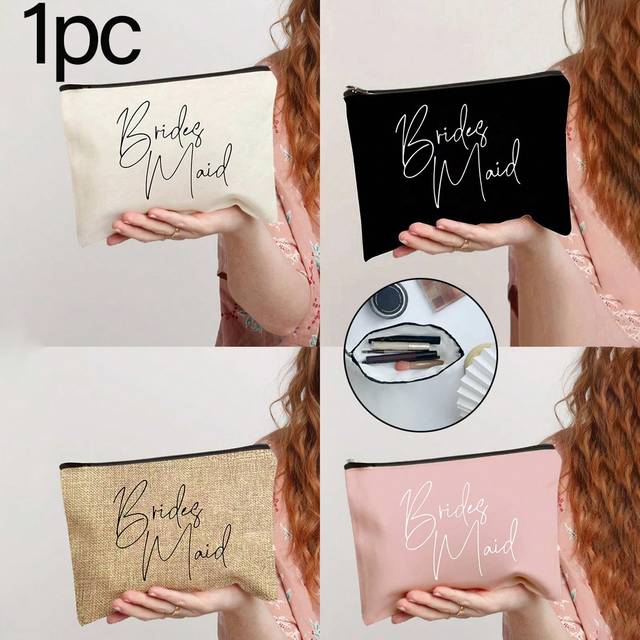 SHEIN 1/2/4pcs Polyester Fiber Letter Printed Zipper Women&#39;s Cosmetics Bag. Bridesmaid Makeup Bags, Bridesmaid Gift Bags, Wedding Travel Toiletry Bags With