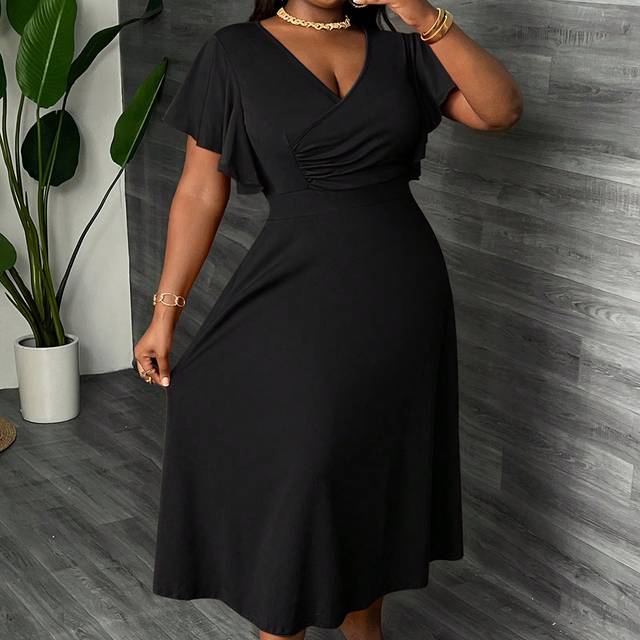 Slaydiva Plus Size Elegant & Party & Daily Wear Women&#39;s Ruched A-Line Midi Dress With Cross Neck And Ruffle Sleeve - C,Graduation Dress