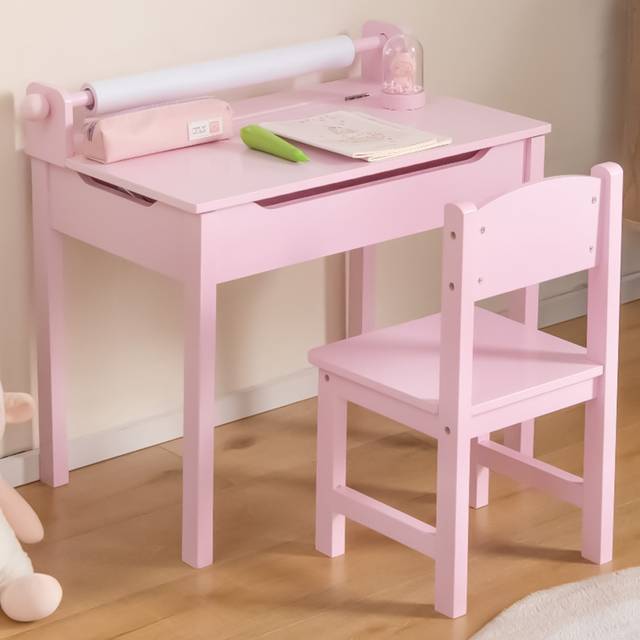 Costway Pink Kids Activity Table and Chair Set with Paper Roll Holder - 71 x 44 x 16cm