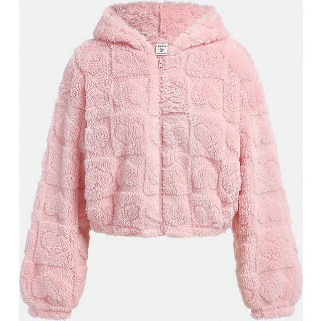 SHEIN Teen Girl&#39;s Pink Stand Collar Casual Heart Patterned Two-Sided Fleece Jacket
