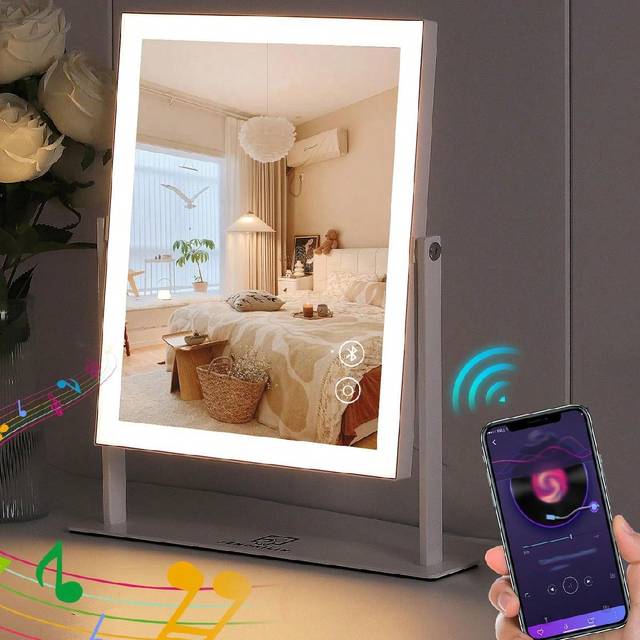 SHEIN FENCHILIN Makeup Mirror With Lights Bluetooth Speaker Book Vanity Mirror With Smart Touch Controls For Gorgeous Room Bedroom Detachable 10x Magnificat