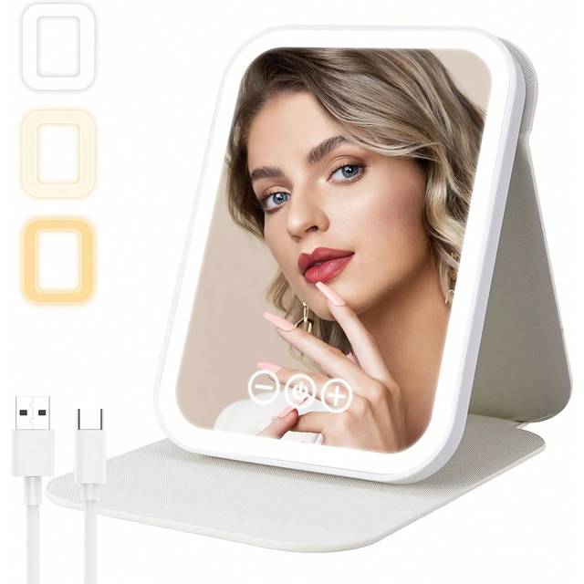 M MISS DREAM LED Makeup Mirror Portable Travel Lighted Beauty Mirror, 3 Color Lighting, Dimmable Touch Screen, Rechargeable Tabletop LED Folding Cosmetic Vanity Mi