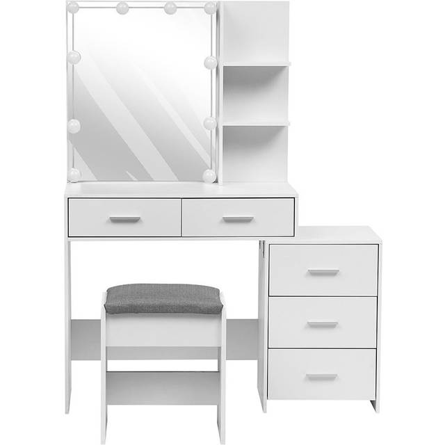 Brayden Studio Hollywood Dressing Table Set with Large Lighted Mirror White 141cm H X 110cm W X 40cm D