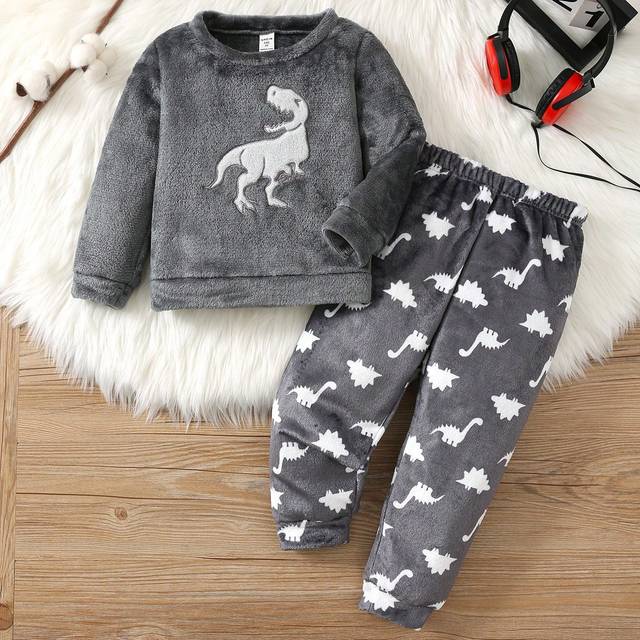 SHEIN 2pcs Winter Young Boy Cartoon Dinosaur Embroidered Crew Neck Long Sleeve Top And Pants Soft And Comfy Double-Sided Flannel Pajama Set