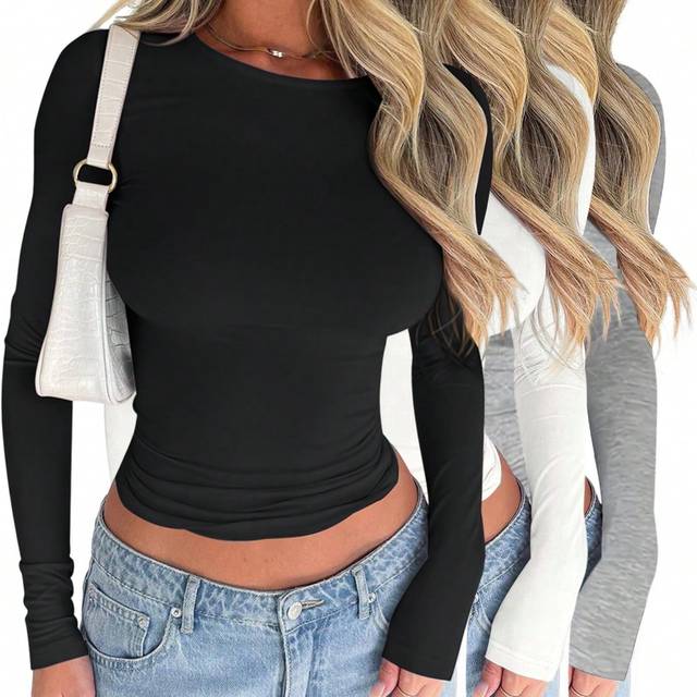 INAWLY Women&#39;s Plain Round Neck Long Sleeve Ruched Fitted T-Shirt, Spring & Summer