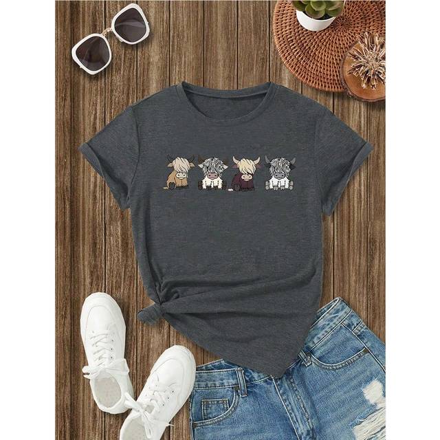 INAWLY Plus Size Women&#39;s Faded Cow Print Short Sleeve T-Shirt Women Graphic Tee Top For Summer