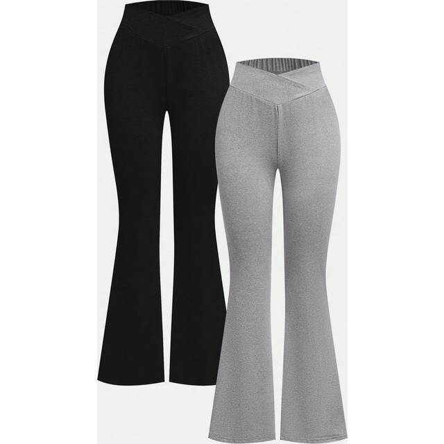 SHEIN 2pcs Set Teen Girl Casual Academy Style Flared Pants, & Black Gray Winter Outfit